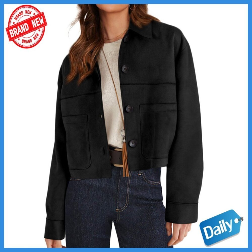 Faux Suede Cropped Jacket, Relaxed Fit, Long Sleeve, Button Front, Patch Pockets